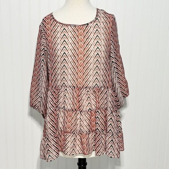 AB Studio Sheer Striped Tiered Blouse Top Long Sleeves Black‎ Red Size Large - Picture 1 of 11